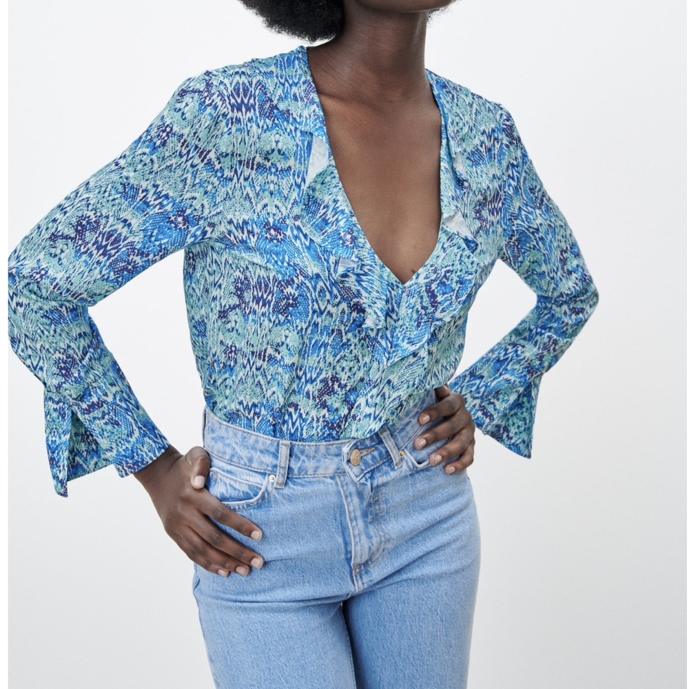 Zara ruffled animal print blouse